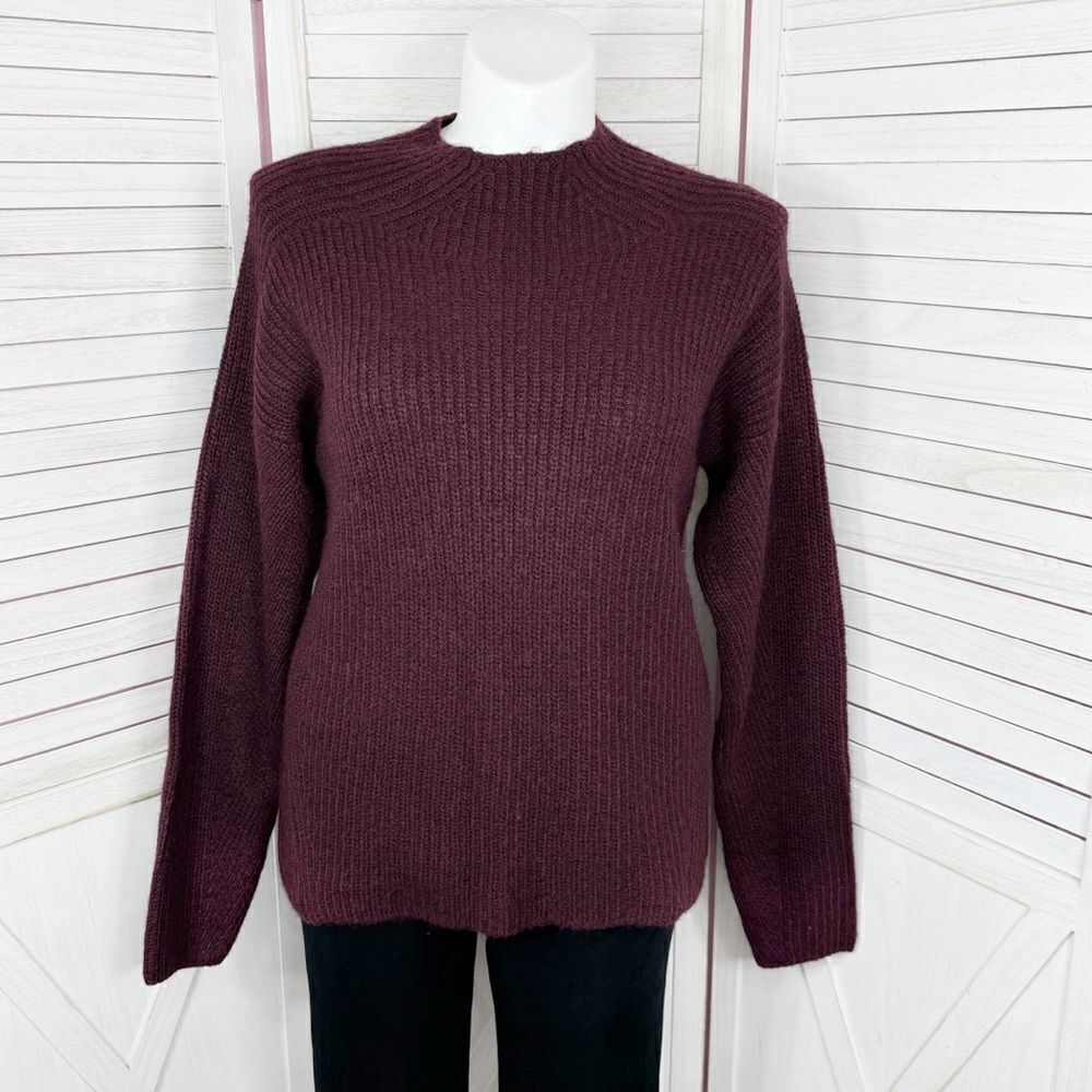 Dip Open Crew Neck Ribbed‎ Knit Wool Blend Sweater Burgundy Red Large
